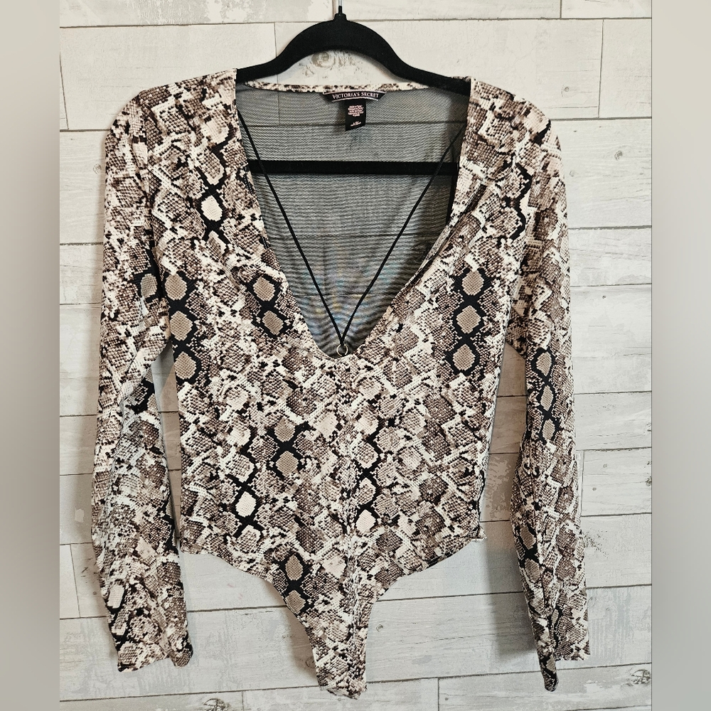 Victoria's Secret Snake Print Long Sleeve Plunge Bodysuit Large